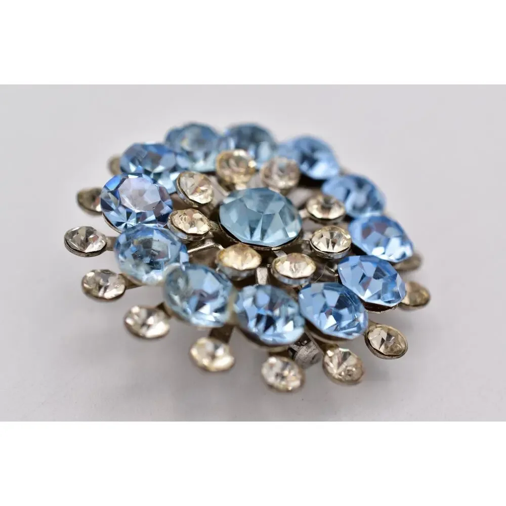 Vintage Sky Blue Rhinestone Starburst Brooch Crystal Silver Floral Pin 50s BinBI